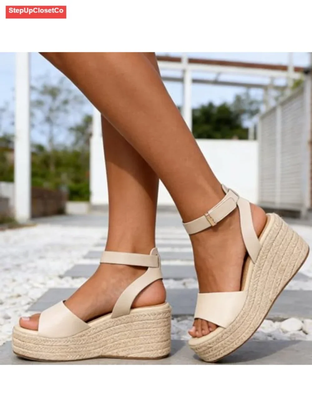 Platform Wedge Sandals Espadrille Slip-On Open Toe Braided Jute Sole 3in Heel